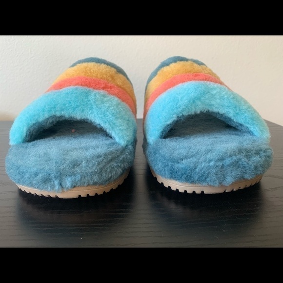 New MEN UGG FLUFF YOU MARINA BLUE MULTI STRIPES SLIPPERS NEW WITHOUT BOX # Slide - Picture 2 of 5